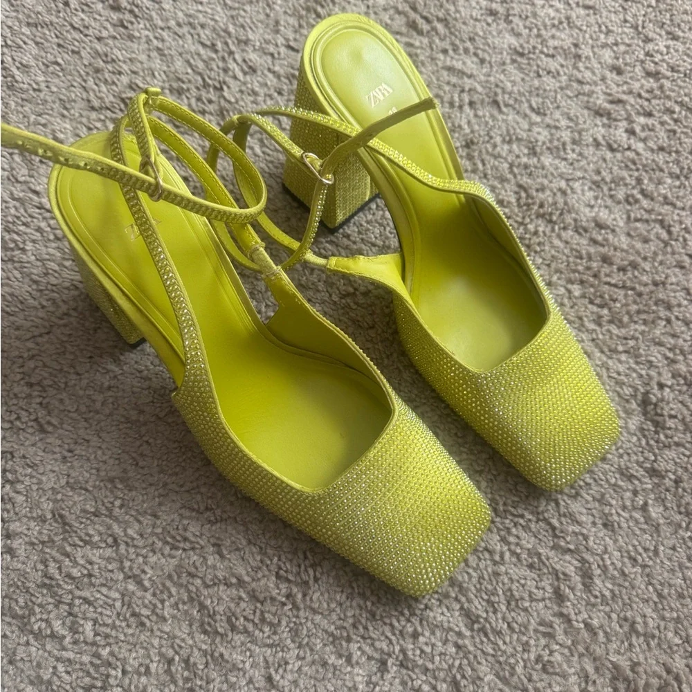 Zara Yellow Rhinestone Block Heel Slingback Pumps - Picture 4 of 7